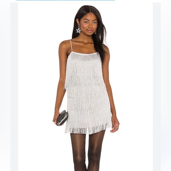 NBD Glimmer Mini Dress Silver Fringe cocktail slip Revolve Sz M $198 - Picture 1 of 11